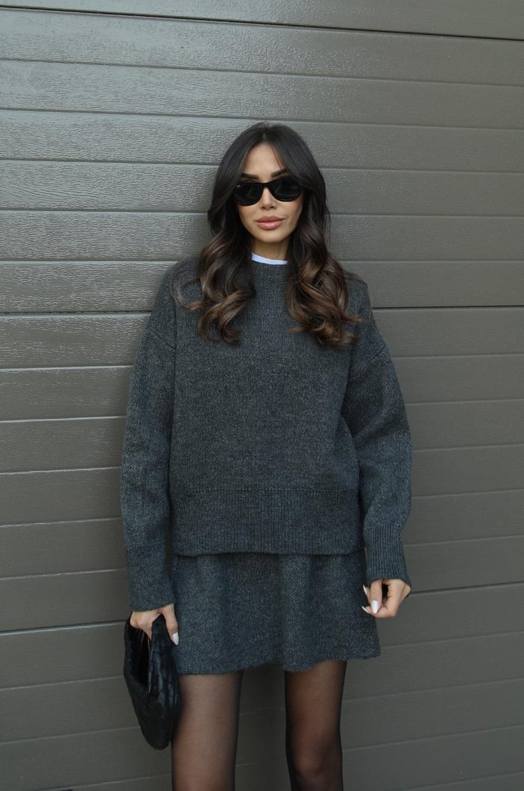 Women's long-sleeve knit sweater and short matching skirt set
