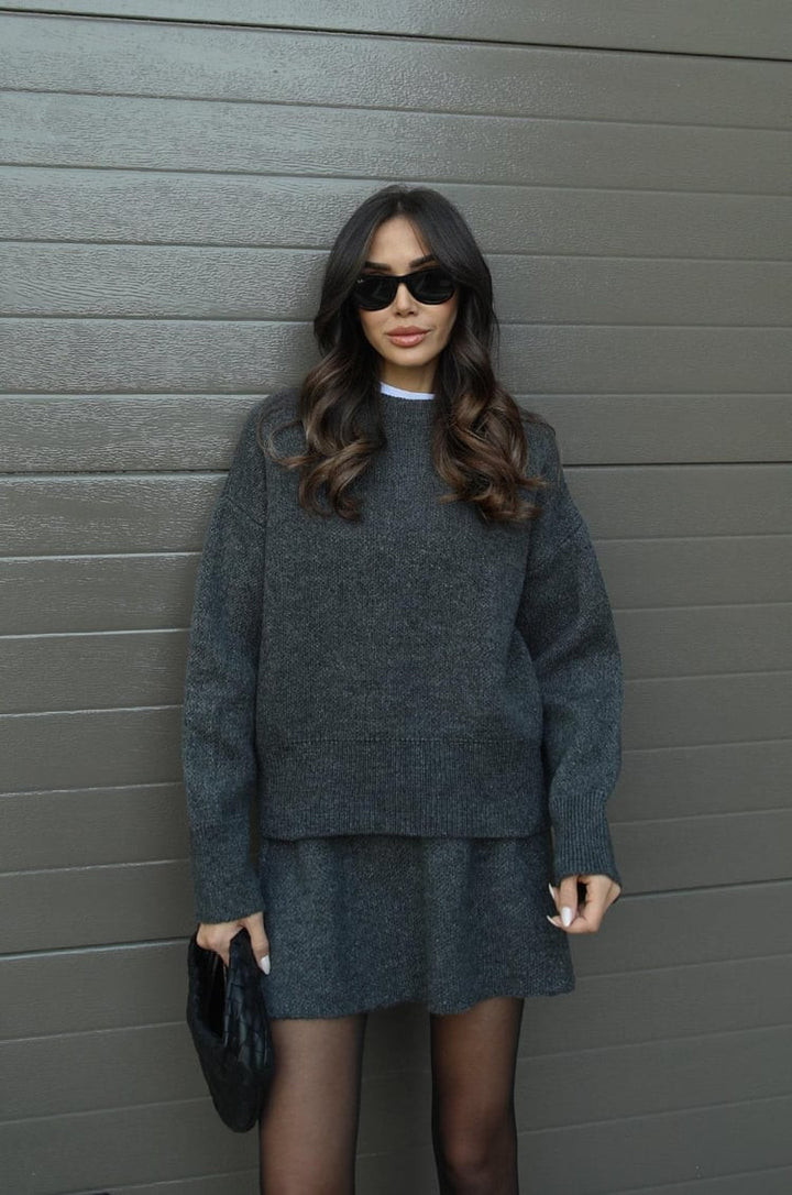Women's long-sleeve knit sweater and short matching skirt set