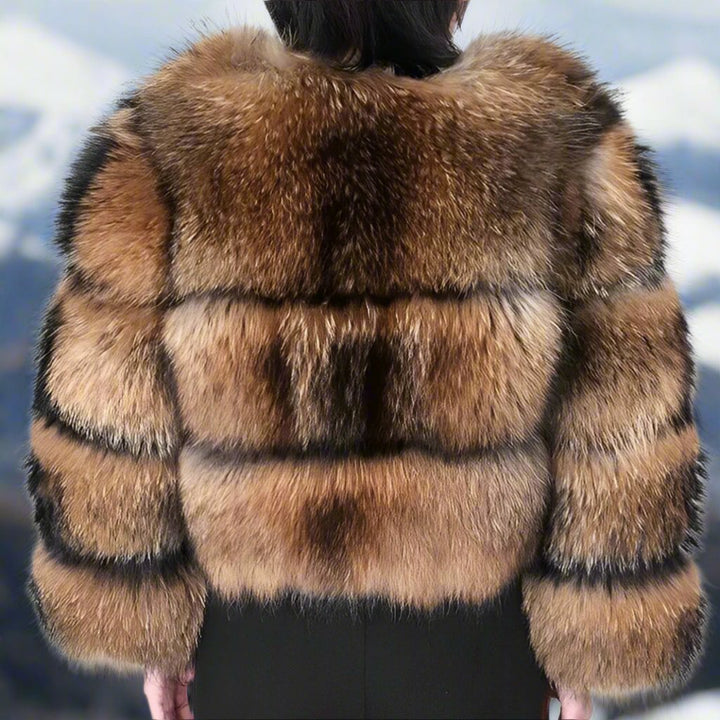 Women's brown reversible fur-effect cropped coat with long sleeves