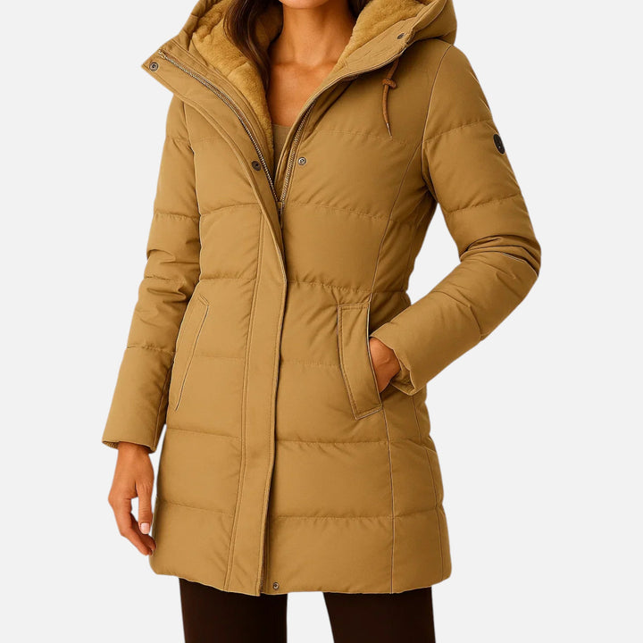Women's hooded quilted puffer jacket with long sleeves and mid-thigh length