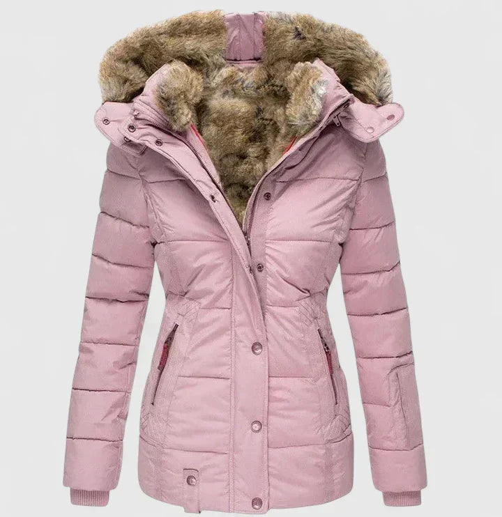 Women's quilted hooded winter coat with fur trim and zipped pockets