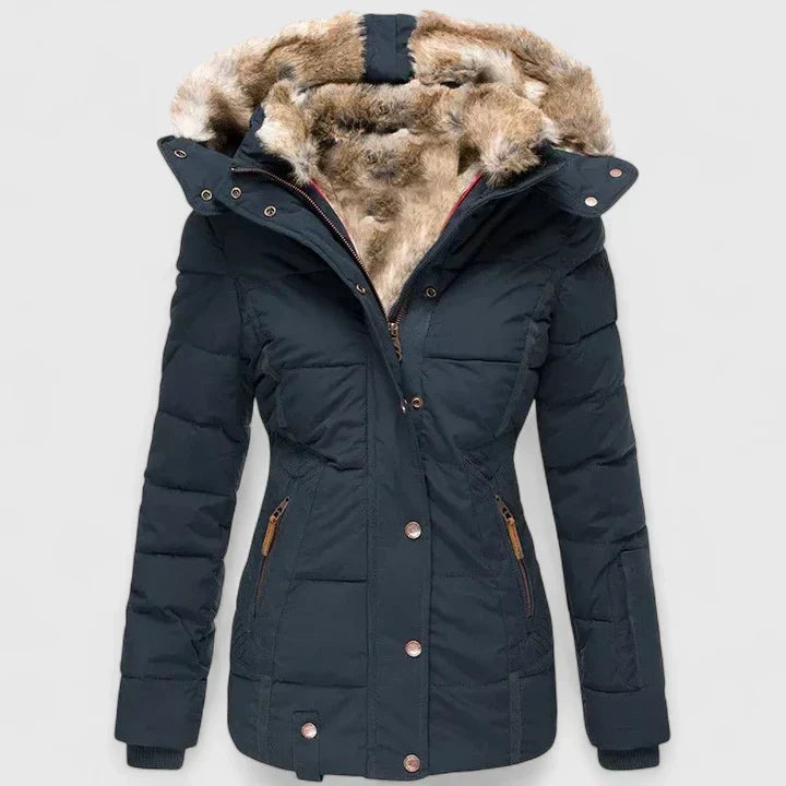Women's quilted hooded winter coat with fur trim and zipped pockets