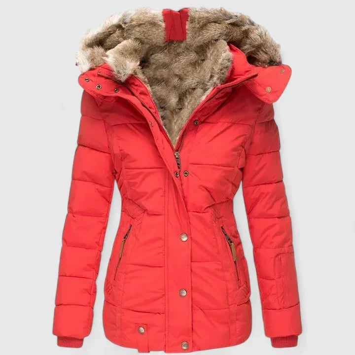 Women's quilted hooded winter coat with fur trim and zipped pockets