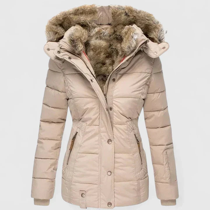 Women's quilted hooded winter coat with fur trim and zipped pockets