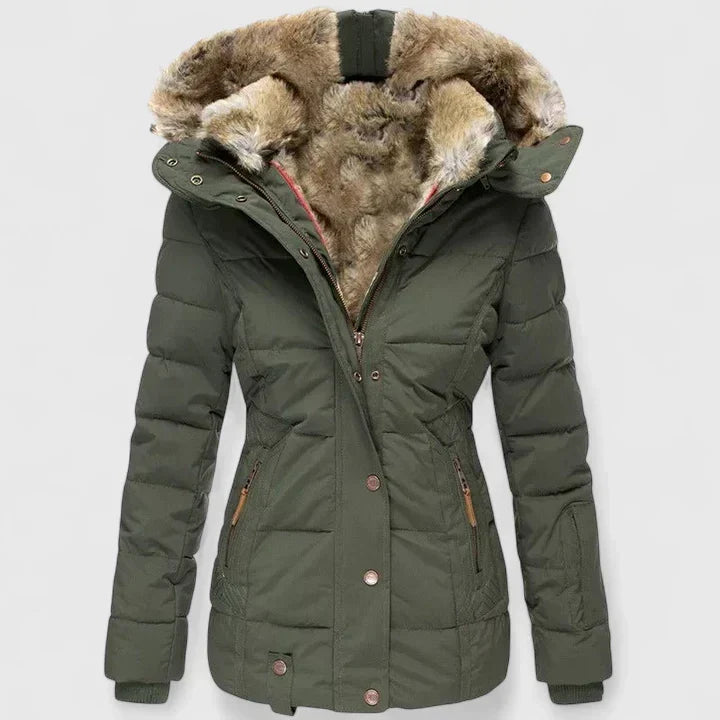 Women's quilted hooded winter coat with fur trim and zipped pockets