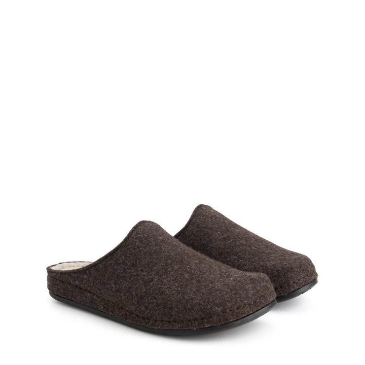 Brown open-back house slippers with round toes and flat black soles