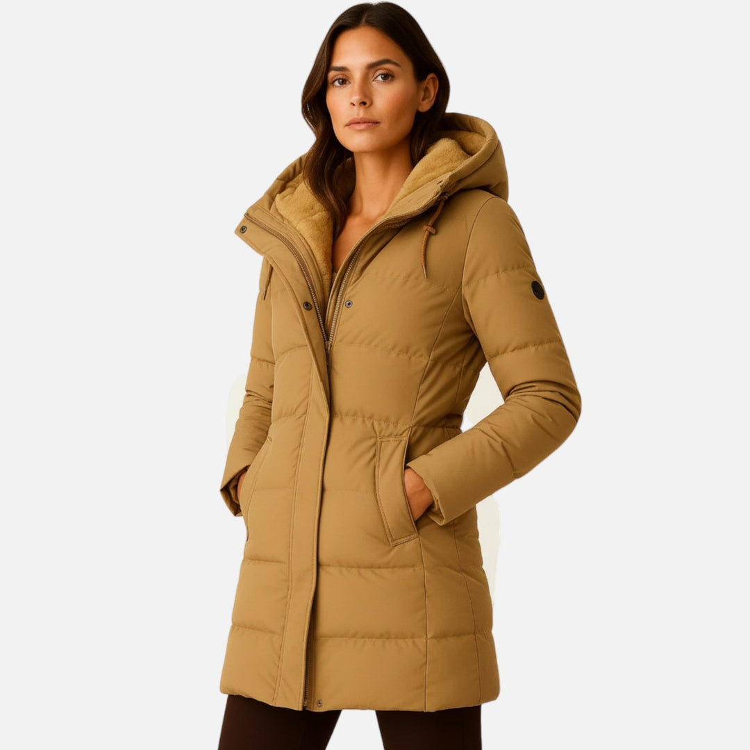 Women's hooded quilted puffer jacket with long sleeves and mid-thigh length