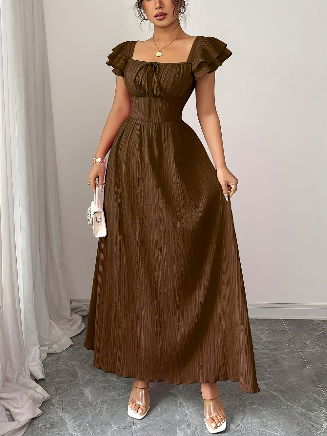 Women's Brown Maxi Dress | Square Neck A-Line