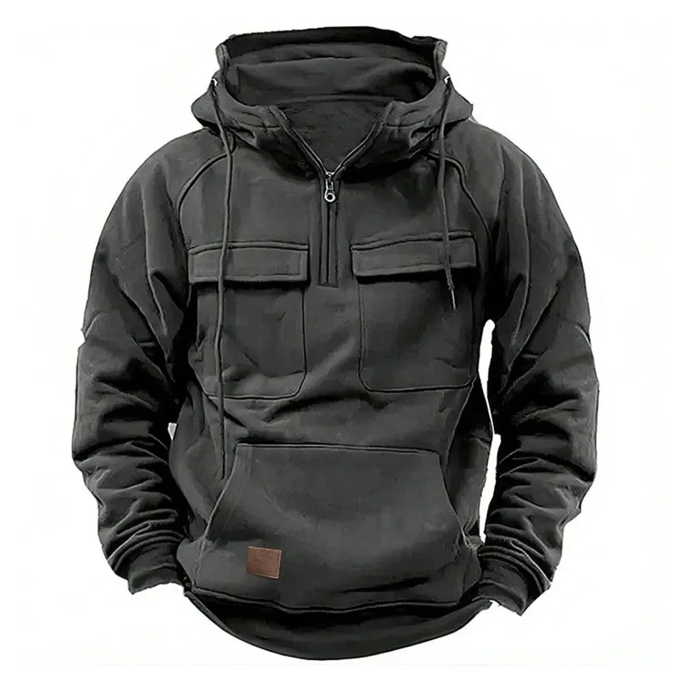 Unisex solid utility hoodie with hood, front zipper and multiple pockets