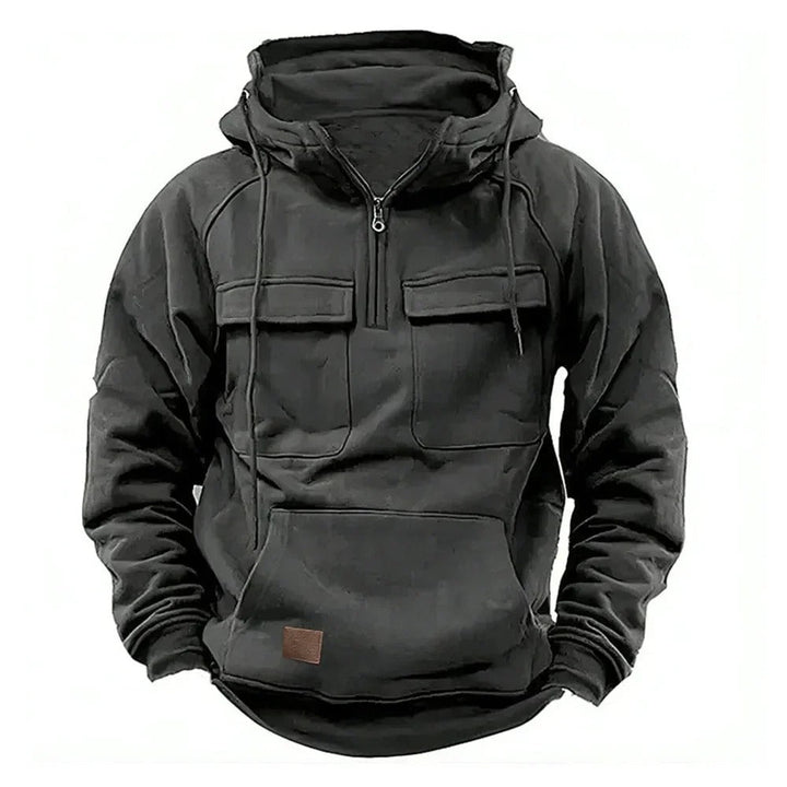 Unisex solid utility hoodie with hood, front zipper and multiple pockets