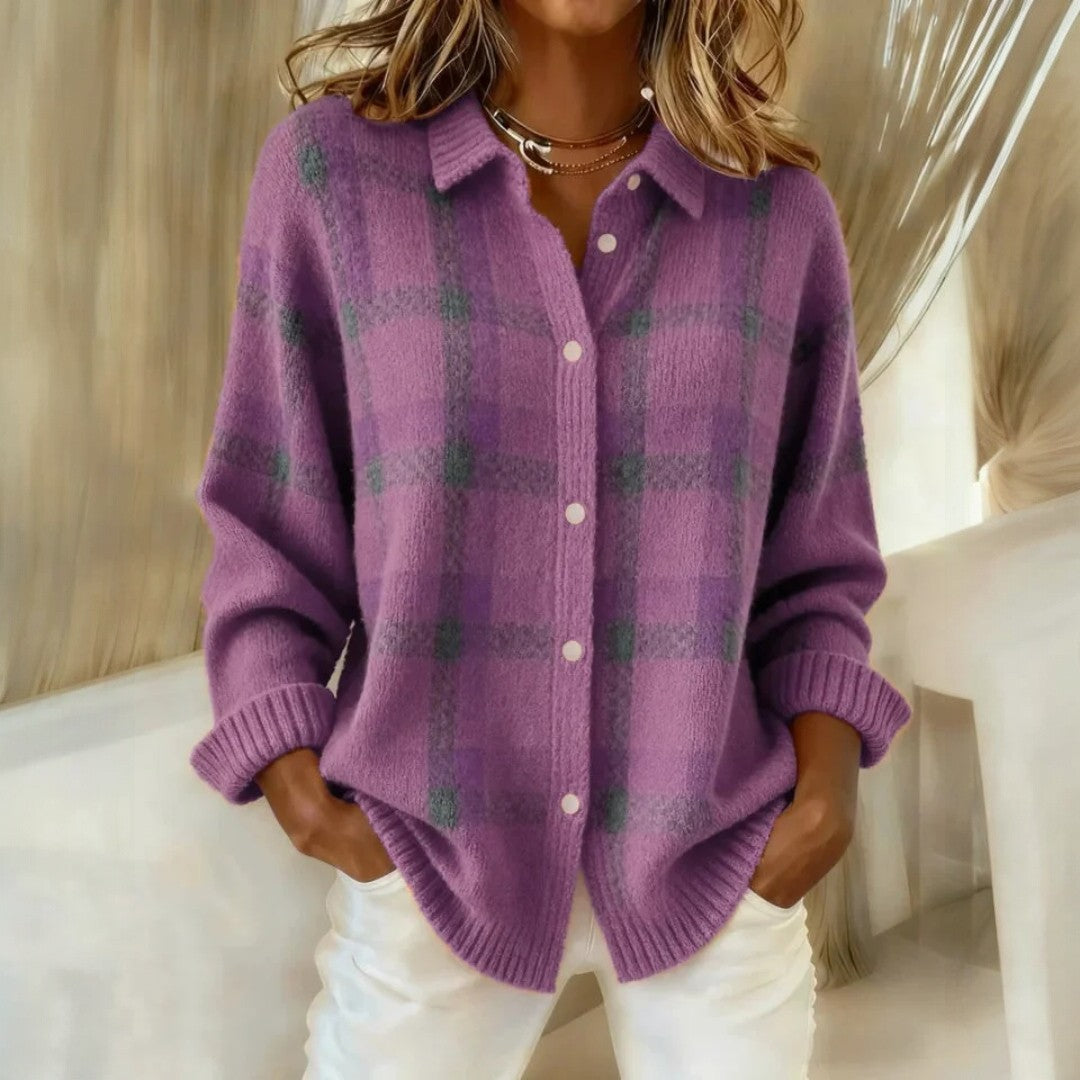 Women's checked button-front cardigan with collar, long sleeves and ribbed trims