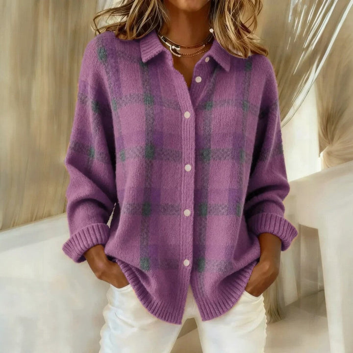 Women's checked button-front cardigan with collar, long sleeves and ribbed trims