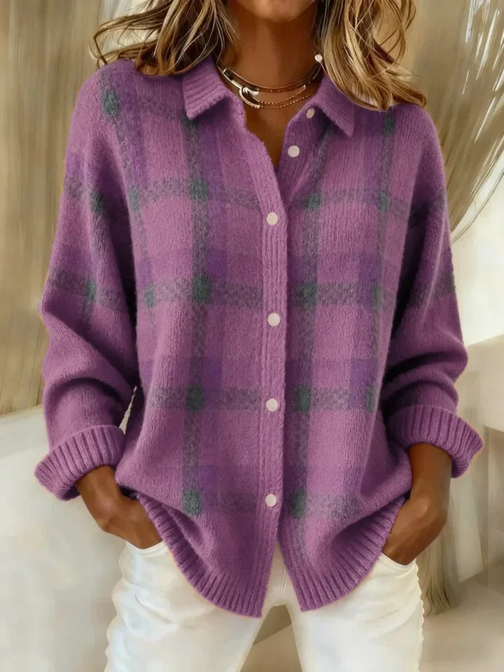 Women's checked button-front knit sweater with collared neckline and long sleeves