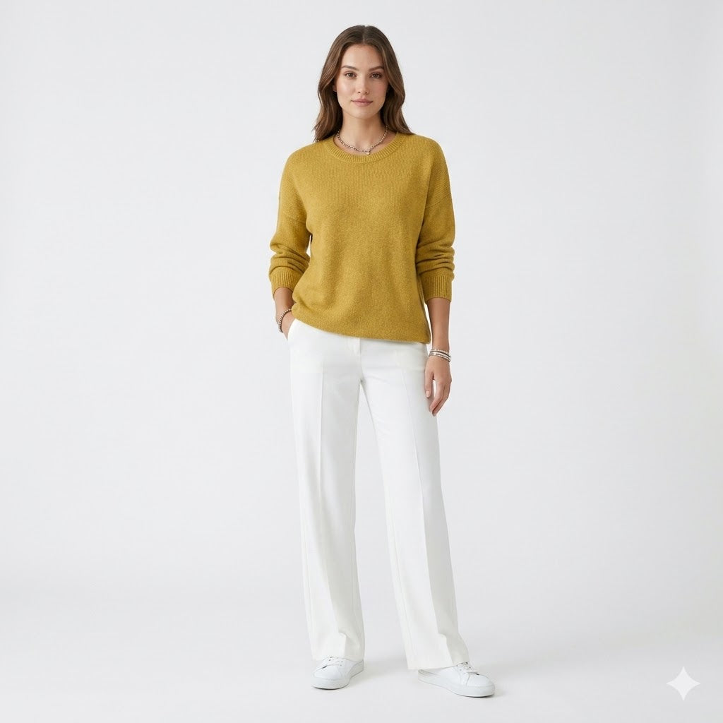 Women's long-sleeve crew neck knit sweater with ribbed trims