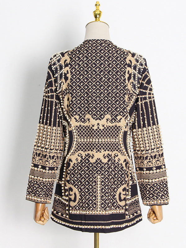 Women's embellished geometric blazer with V-neck lapels and long sleeves