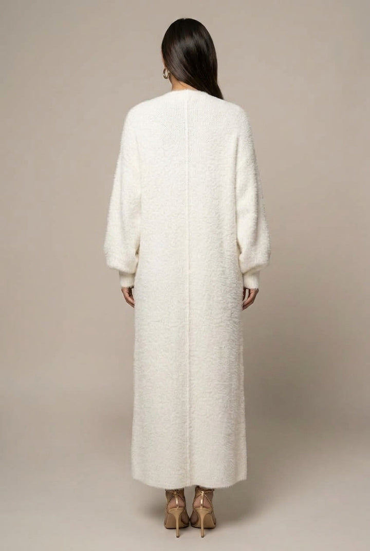 Women's long faux fur cardigan with open front and full-length silhouette