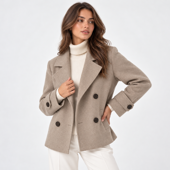 Women's short double-breasted coat with notched lapels and long sleeves