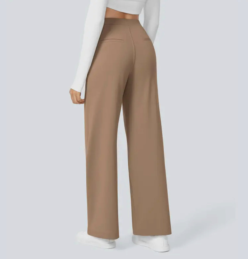 Women's high-waisted wide-leg full-length trousers shown in black and navy