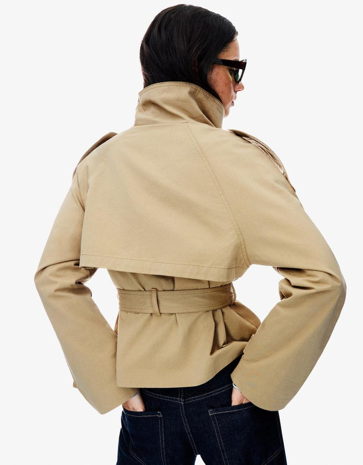Women's short double-breasted trench coat with tie belt and high collar