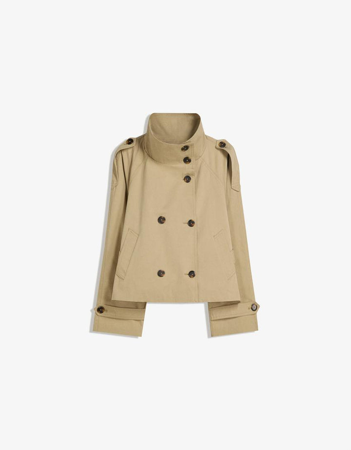 Women's short double-breasted trench coat with tie belt and high collar