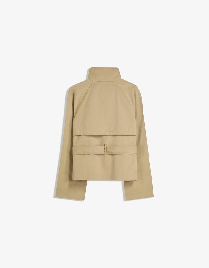Women's short double-breasted trench coat with tie belt and high collar