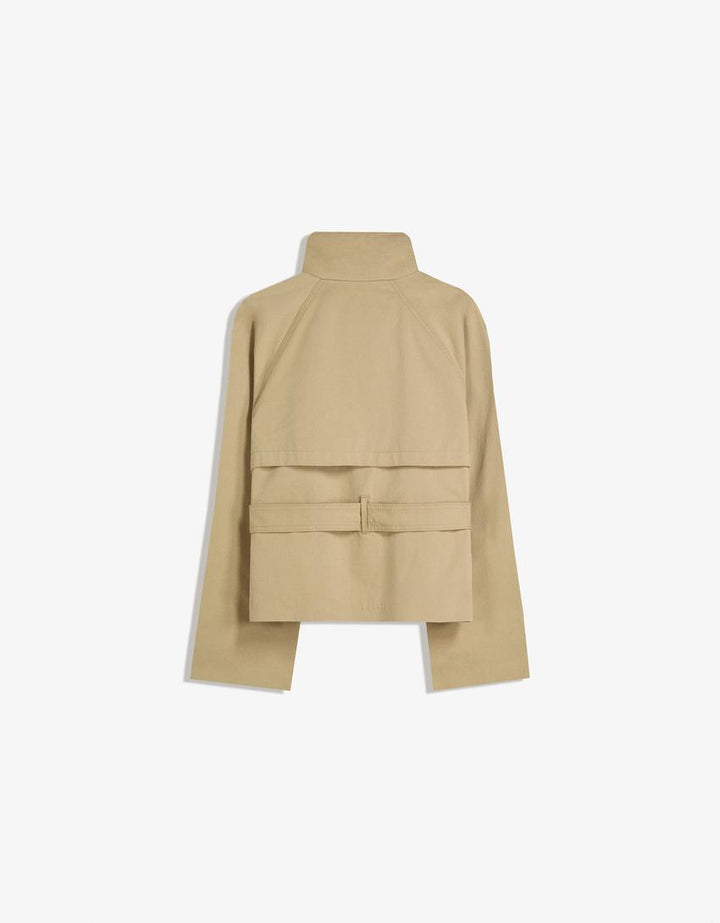 Women's short double-breasted trench coat with tie belt and high collar