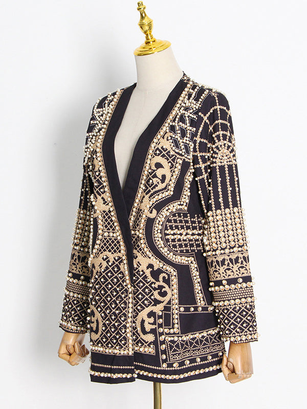 Women's embellished geometric blazer with V-neck lapels and long sleeves