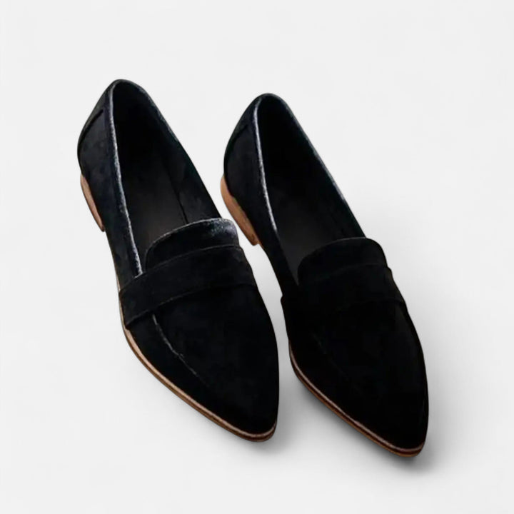 Women's pointed slip-on loafers with penny straps and low heels