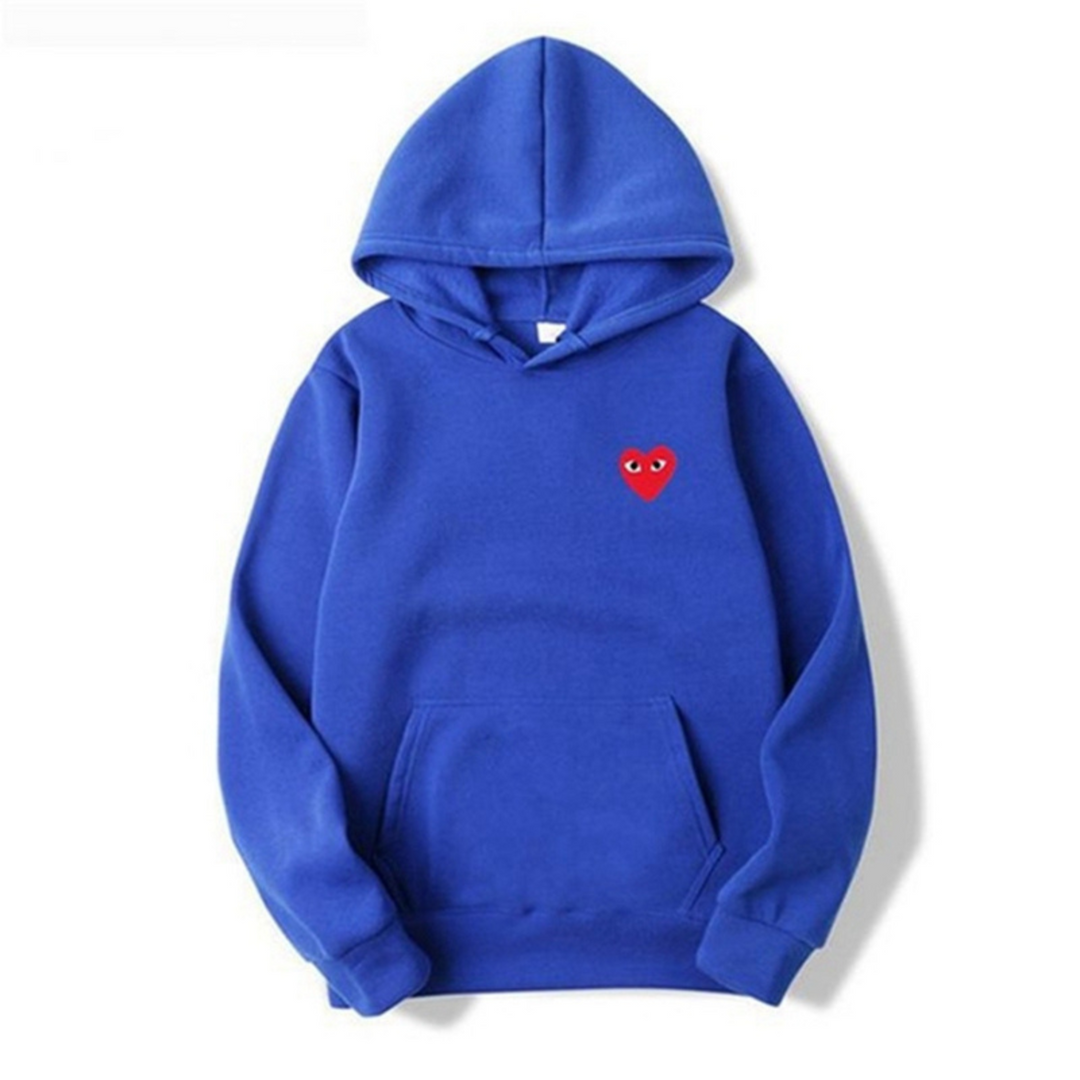 Women's pullover hoodie with hood, long sleeves, kangaroo pocket and heart eye motif