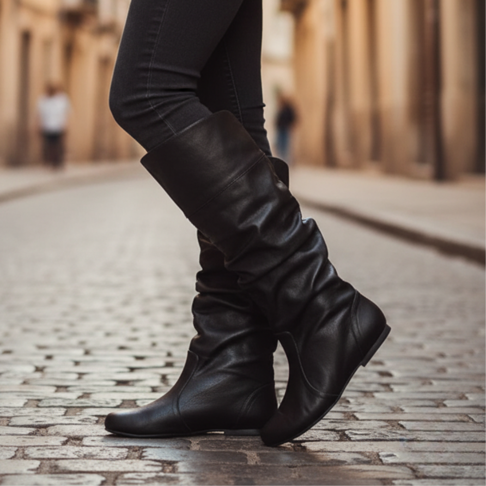Women's slouch knee-high boots with round toes and flat heels