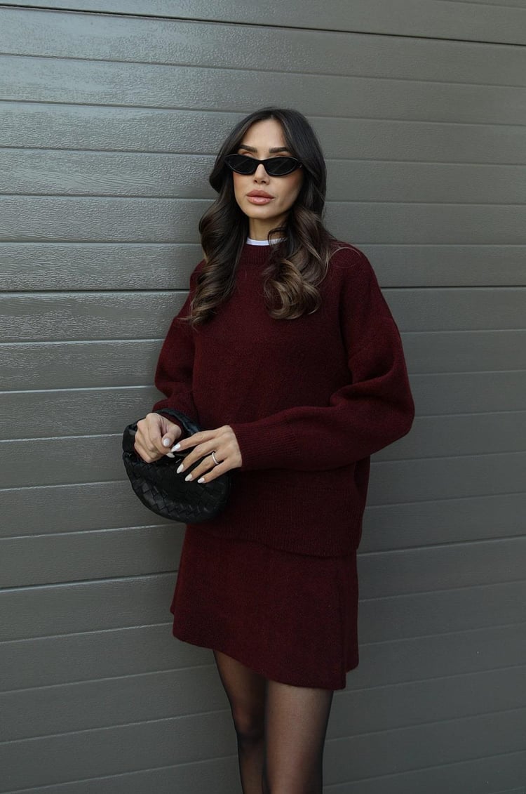 Women's long-sleeve knit sweater and short matching skirt set
