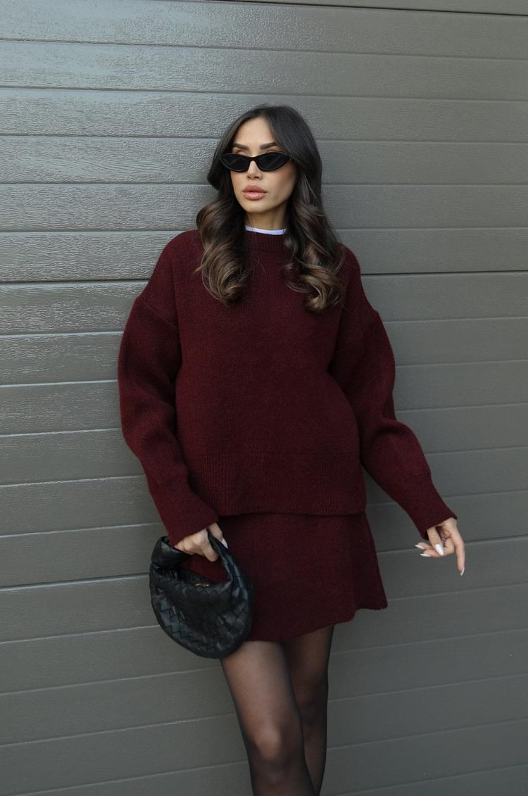 Women's long-sleeve knit sweater and short matching skirt set