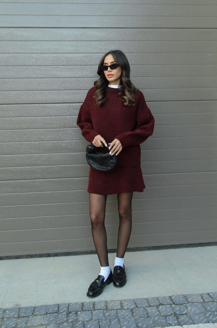 Women's long-sleeve knit sweater and short matching skirt set