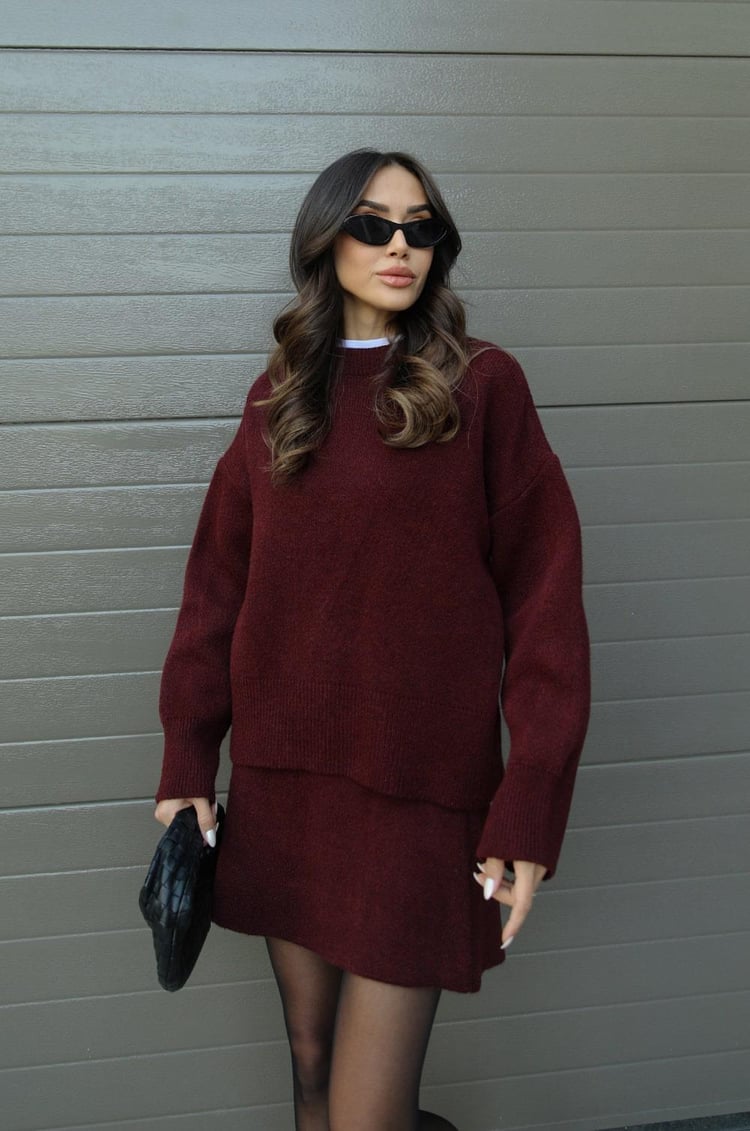 Women's long-sleeve knit sweater and short matching skirt set