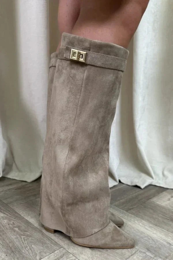 Women's knee-high pointed-toe boots with block heels and buckle detail