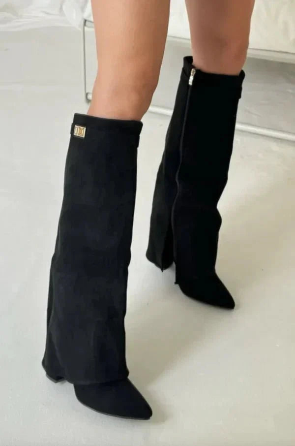 Women's knee-high pointed-toe boots with block heels and buckle detail