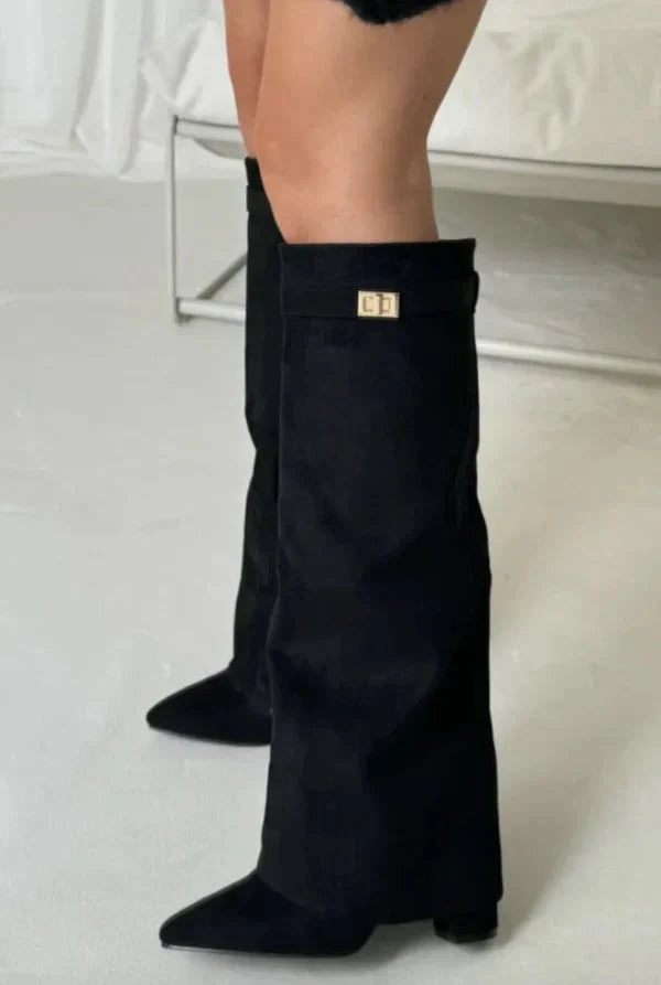 Women's knee-high pointed-toe boots with block heels and buckle detail