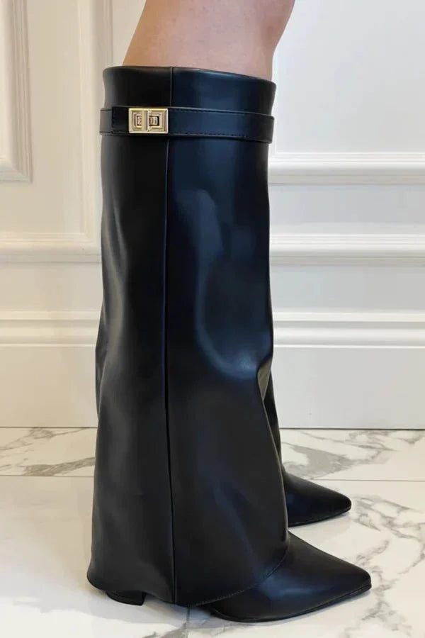 Women's knee-high pointed-toe boots with block heels and buckle detail