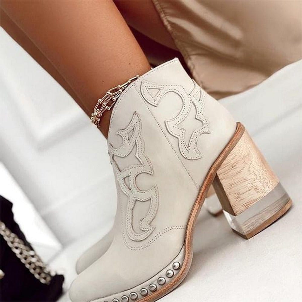 Boots For Women | Decorative Stitch Ankle Block Heel Style