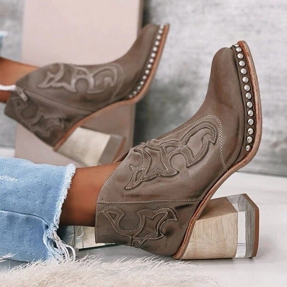 Boots For Women | Decorative Stitch Ankle Block Heel Style