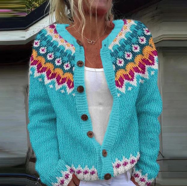 Women's patterned button front cardigan with long sleeves and decorative yoke