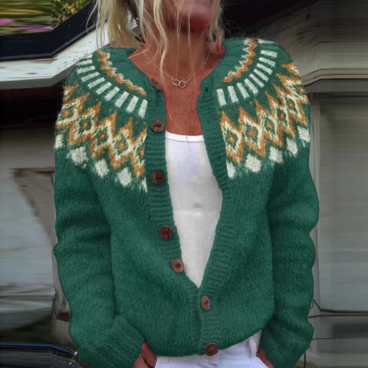 Women's patterned button front cardigan with long sleeves and decorative yoke