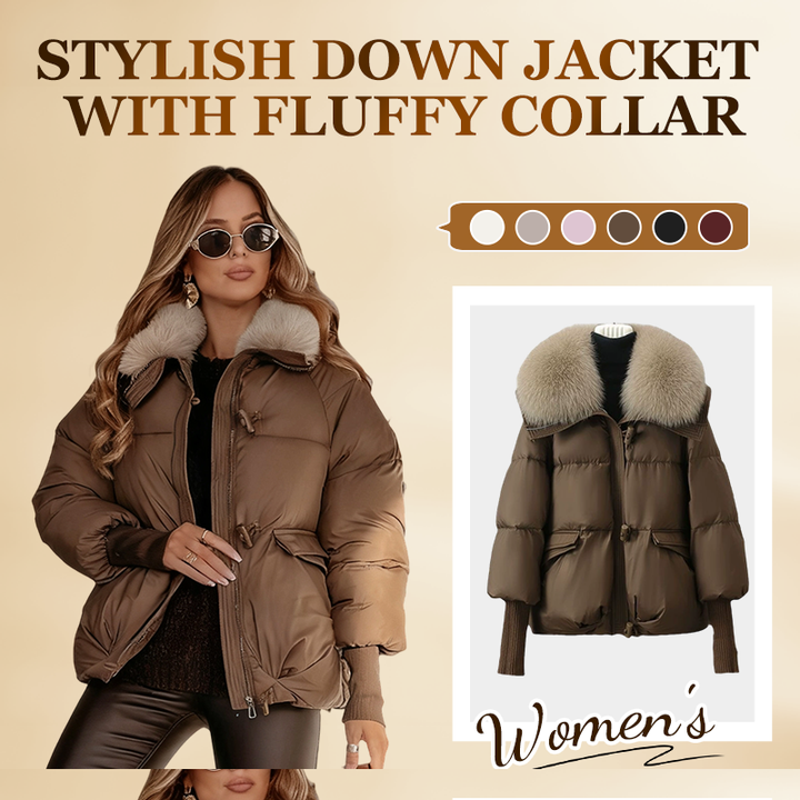 Women's short quilted puffer jacket with fur collar and ribbed cuffs