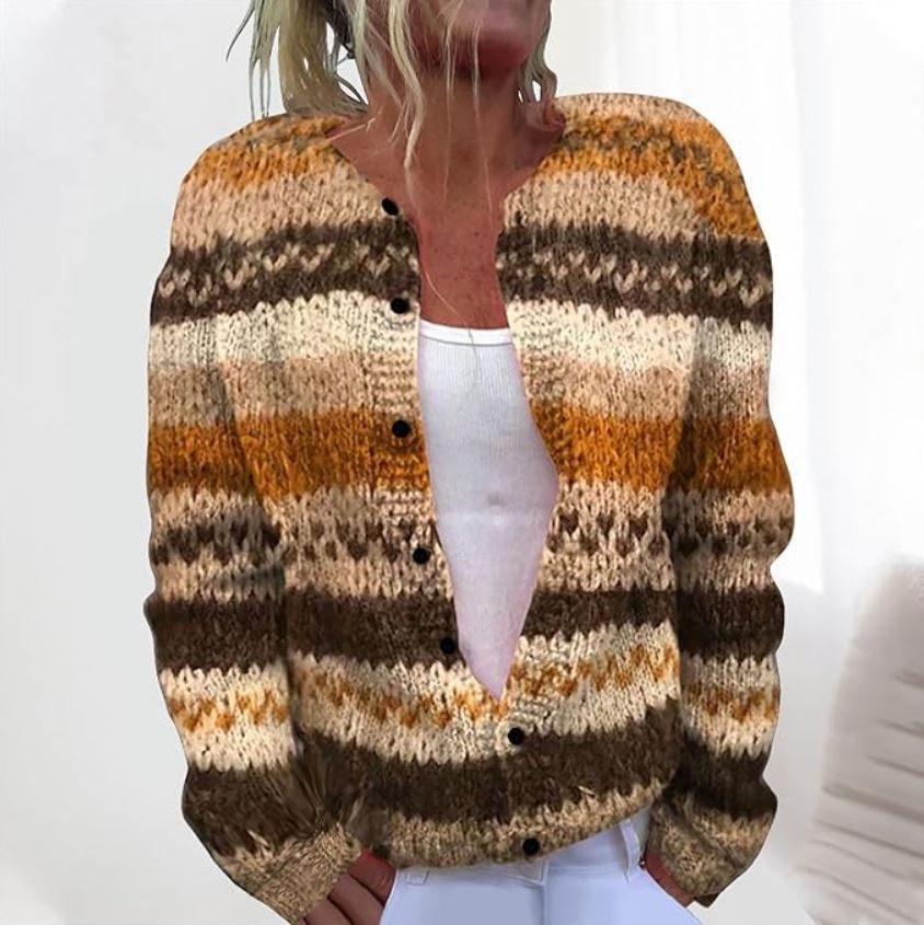 Women's striped button cardigan with long sleeves and round neckline