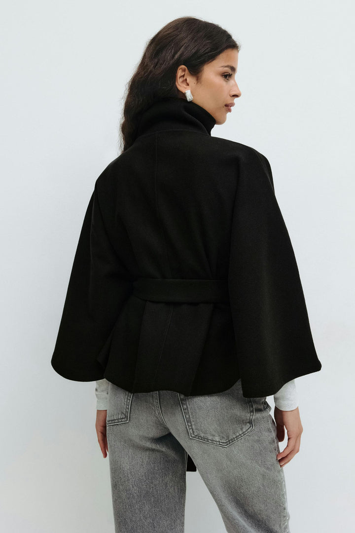 Women's belted cape coat with high collar and wide sleeves
