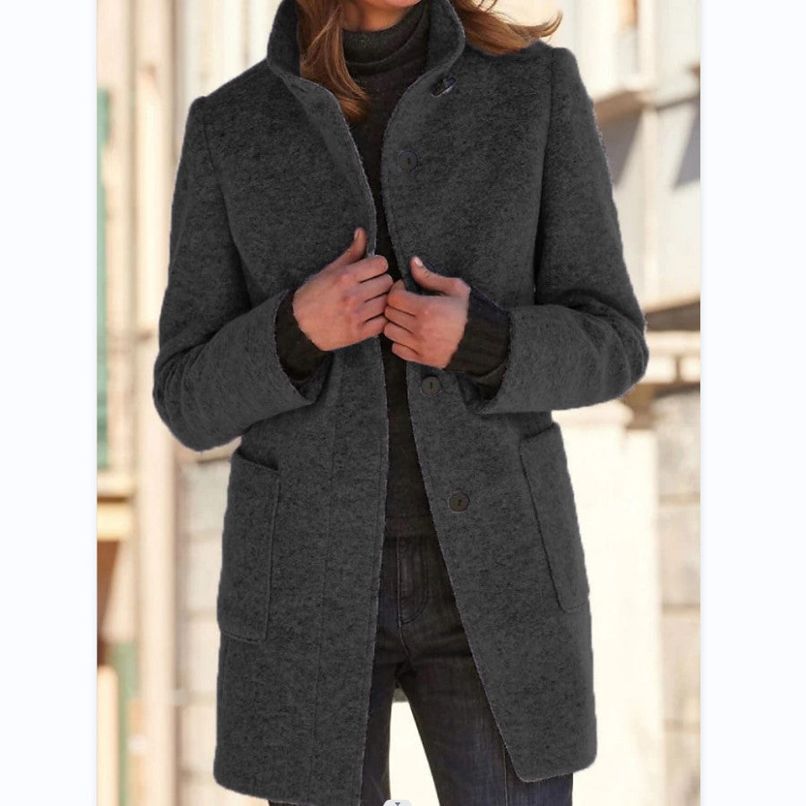 Women's classic button front coat with stand collar and patch pockets