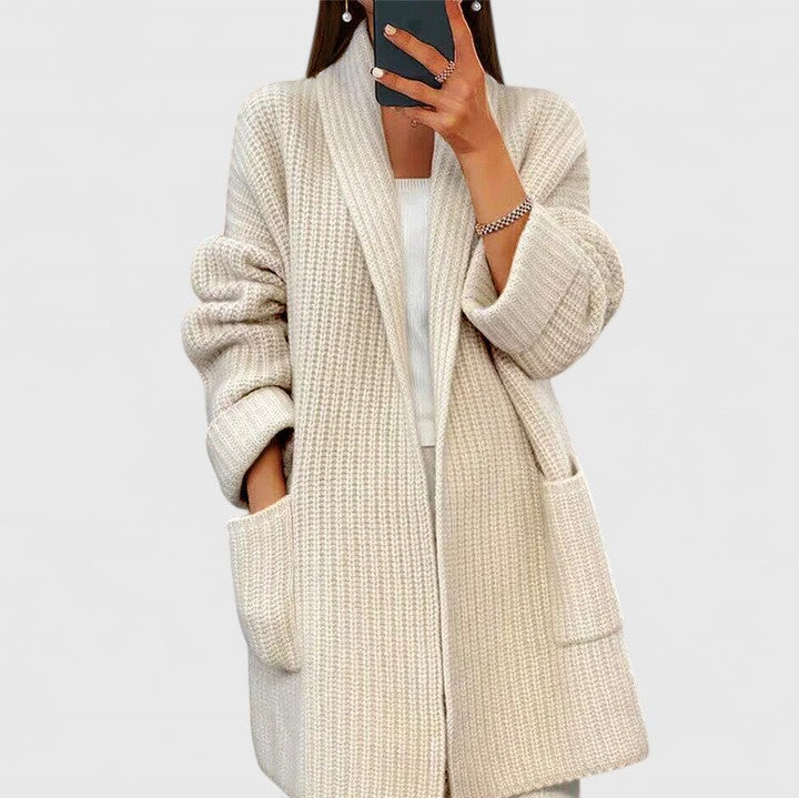 Women's textured longline cardigan with open front, long sleeves and front patch pockets