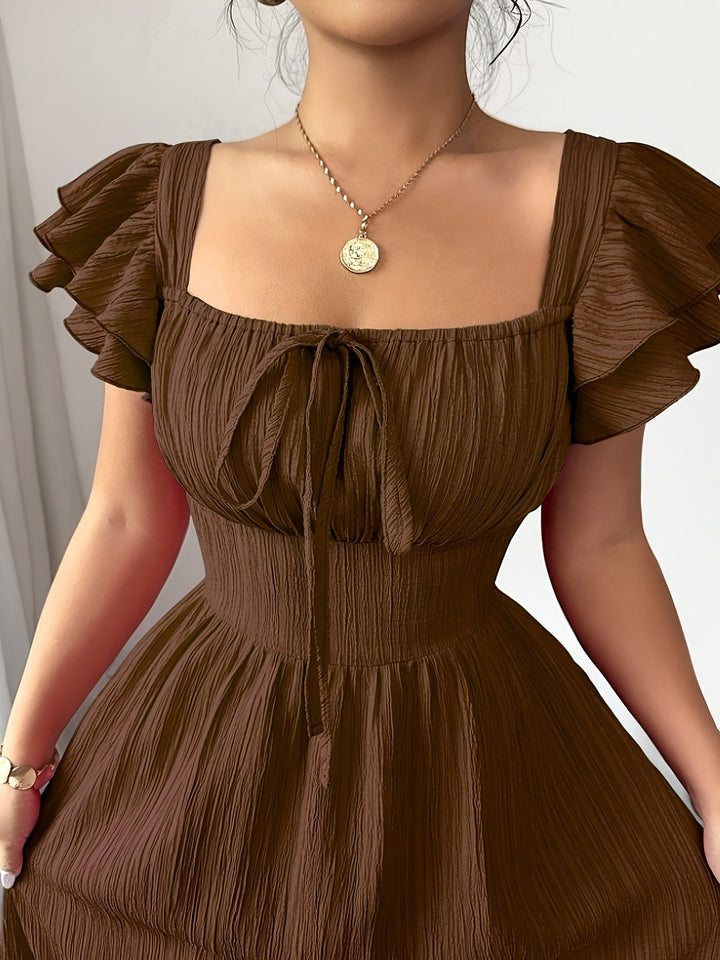 Women's Brown Maxi Dress | Square Neck A-Line