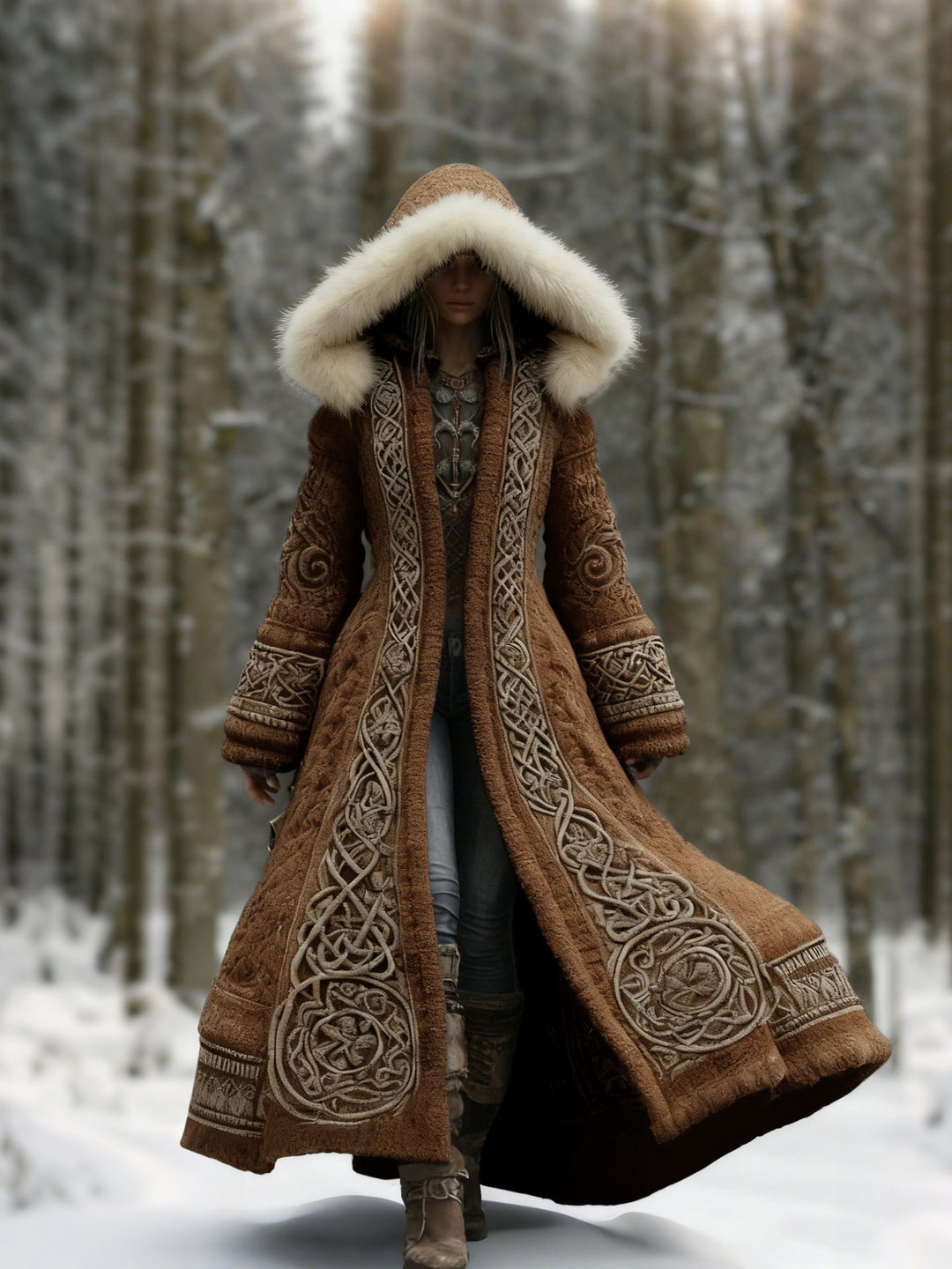 Women's hooded longline coat with ornate embroidery and pale hood trim