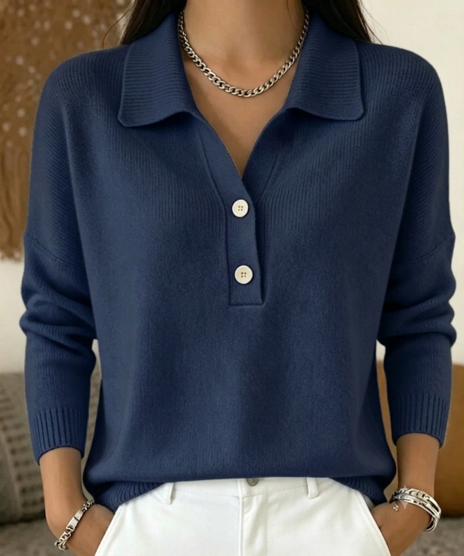 Women's long-sleeve polo collar knit sweater with button placket